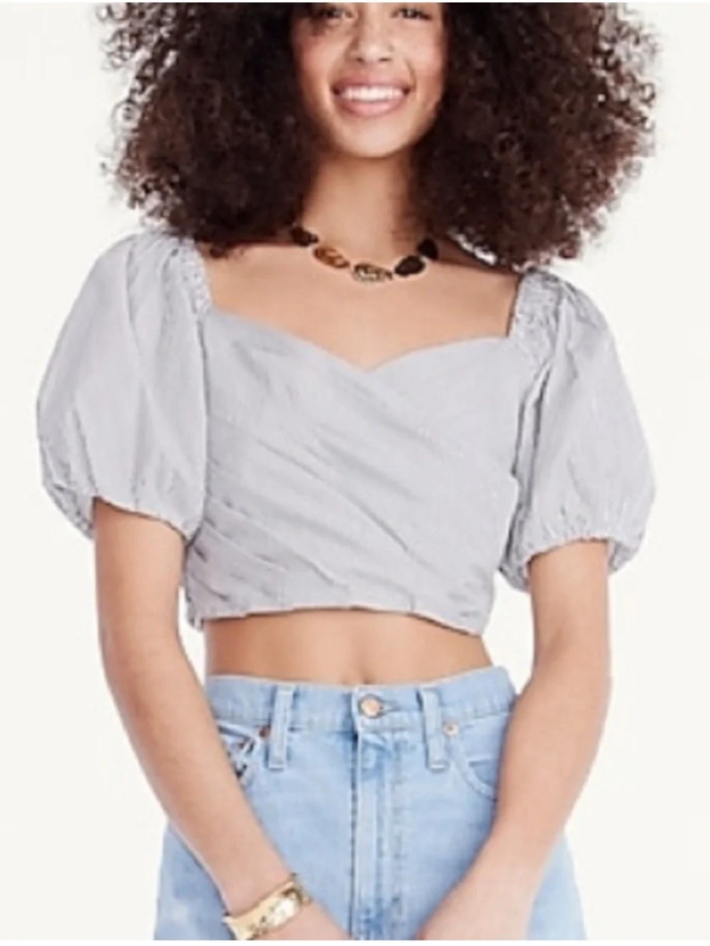 J. Crew White Cropped Sweetheart Puff-Sleeve Top S